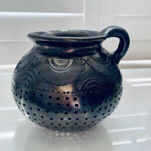 Vintage Mexican Black Clay Hand-Etched Colander Bowl
